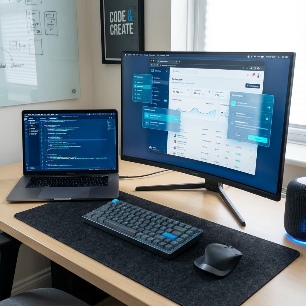 Web development workspace with code and digital interfaces